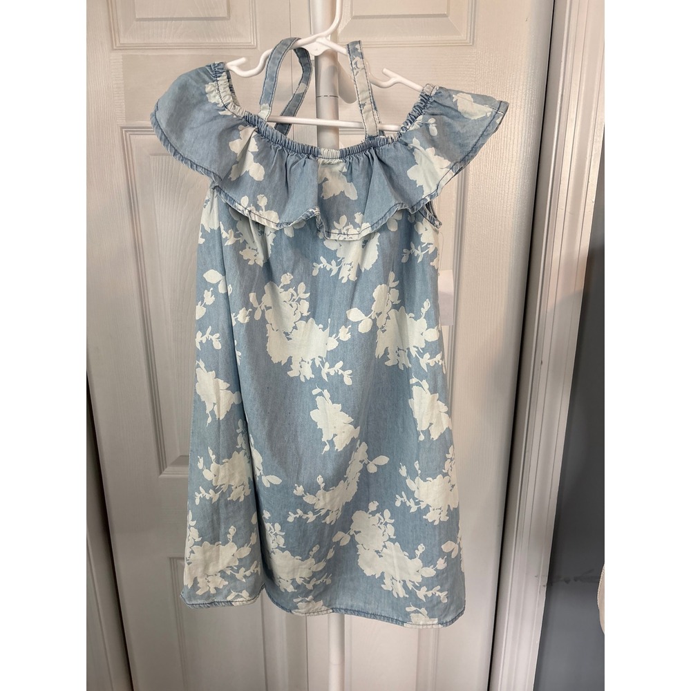 Girls Blue Floral Chambray Ruffle Dress Cold Shoulder Summer Sundress Kids